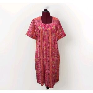 VTG Saybury Hawaiian Print Pink Cotton  Duster Housedress Nightgown Muumuu Large